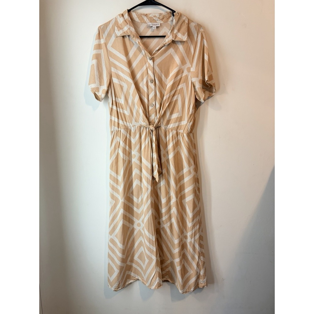 Luxology Linen Blend Shift Dress Geometric Collared Short Sleeve Size Large Midi